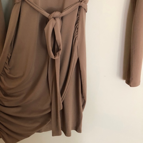 Tan long sleeved mock wrap dress - Picture 4 of 6